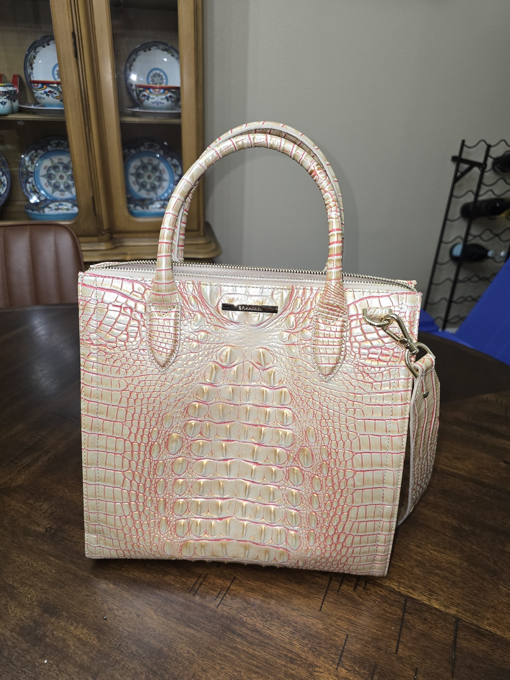 Brahmin Croc-Embossed Cream with Pink Accent Satchel